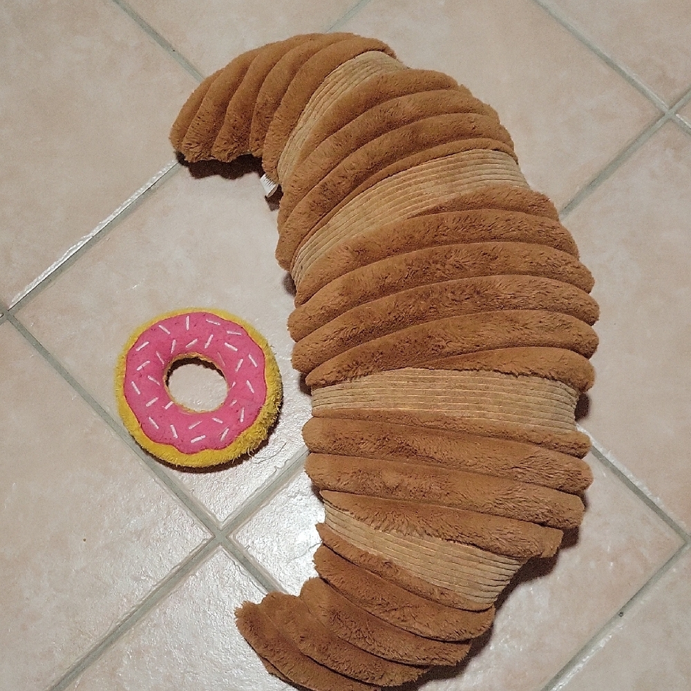Dog Pillow/ Toy Brown Croissant and Pink Donut Plush Set